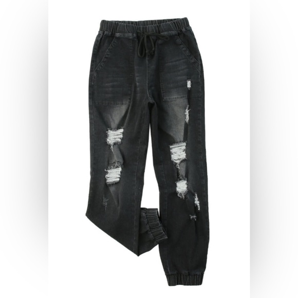 Denim - Black Distressed Denim Joggers